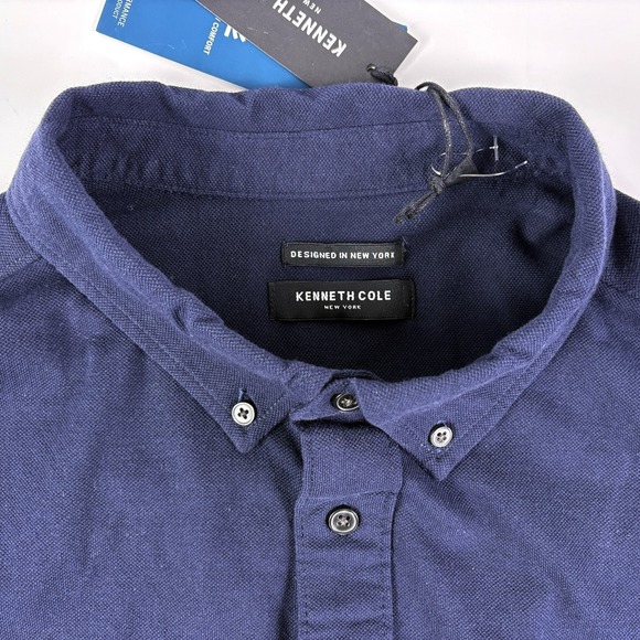 NWT Kenneth Cole L/S Knit Pique Button Up Shirt Mens Sz L Navy Blue Light Weight - Picture 9 of 16